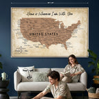 Custom Beige Push Pin USA Map Canvas Print, 50 States Road Trip Tracker, Home Office and Den Decor