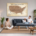 Custom Beige Push Pin USA Map Canvas Print, 50 States Road Trip Tracker, Home Office and Den Decor
