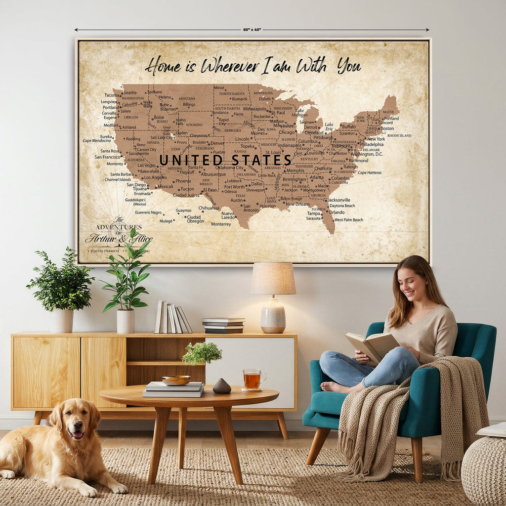 Custom Beige Push Pin USA Map Canvas Print, 50 States Road Trip Tracker, Home Office and Den Decor