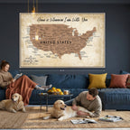 Custom Beige Push Pin USA Map Canvas Print, 50 States Road Trip Tracker, Home Office and Den Decor