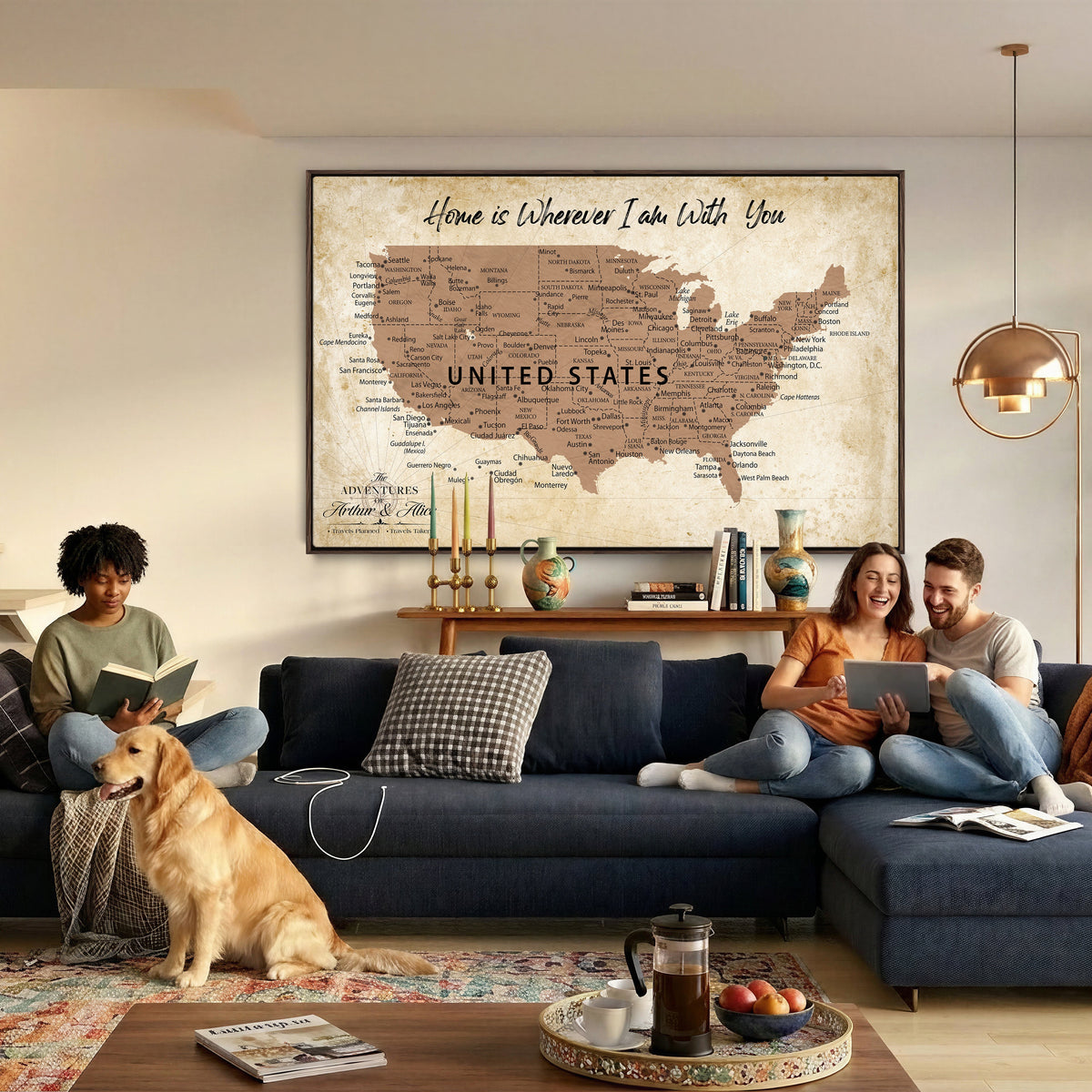 Custom Beige Push Pin USA Map Canvas Print, 50 States Road Trip Tracker, Home Office and Den Decor