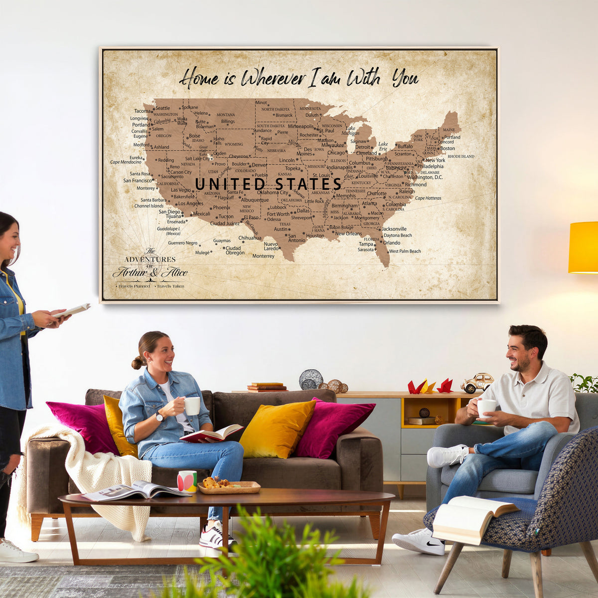 Custom Beige Push Pin USA Map Canvas Print, 50 States Road Trip Tracker, Home Office and Den Decor