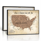 Custom Beige Push Pin USA Map Canvas Print, 50 States Road Trip Tracker, Home Office and Den Decor