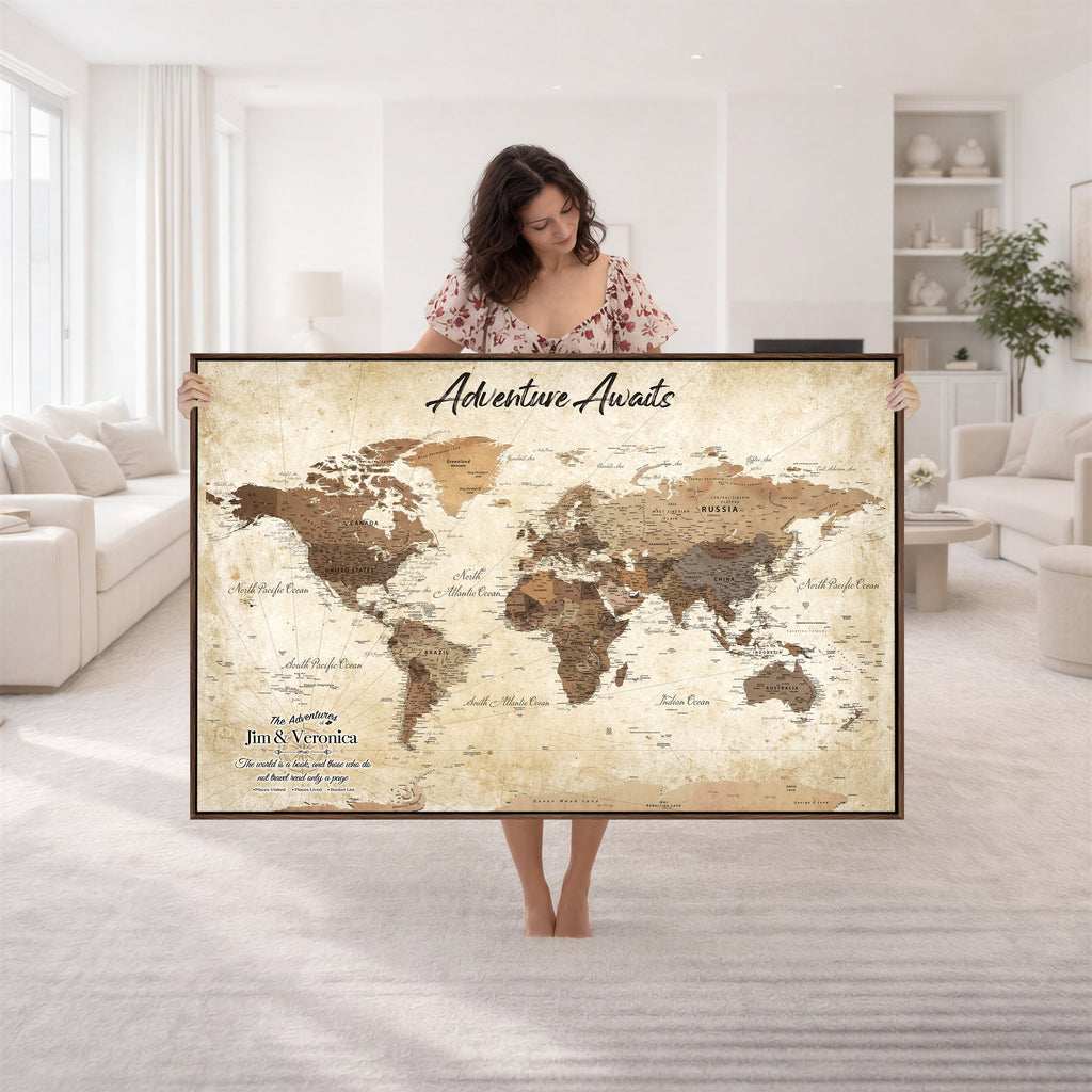 Custom Beige Push Pin World Map Canvas Print, Family Travel Tracker, Family Room and Home Office Decor