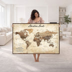 Custom Beige Push Pin World Map Canvas Print, Family Travel Tracker, Family Room and Home Office Decor