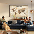Custom Beige Push Pin World Map Canvas Print, Family Travel Tracker, Family Room and Home Office Decor