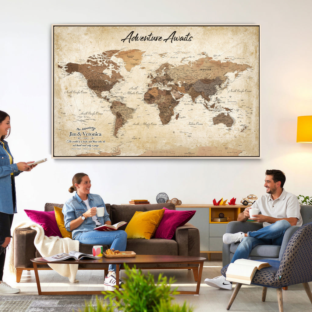 Custom Beige Push Pin World Map Canvas Print, Family Travel Tracker, Family Room and Home Office Decor