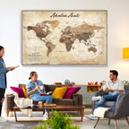 Custom Beige Push Pin World Map Canvas Print, Family Travel Tracker, Family Room and Home Office Decor