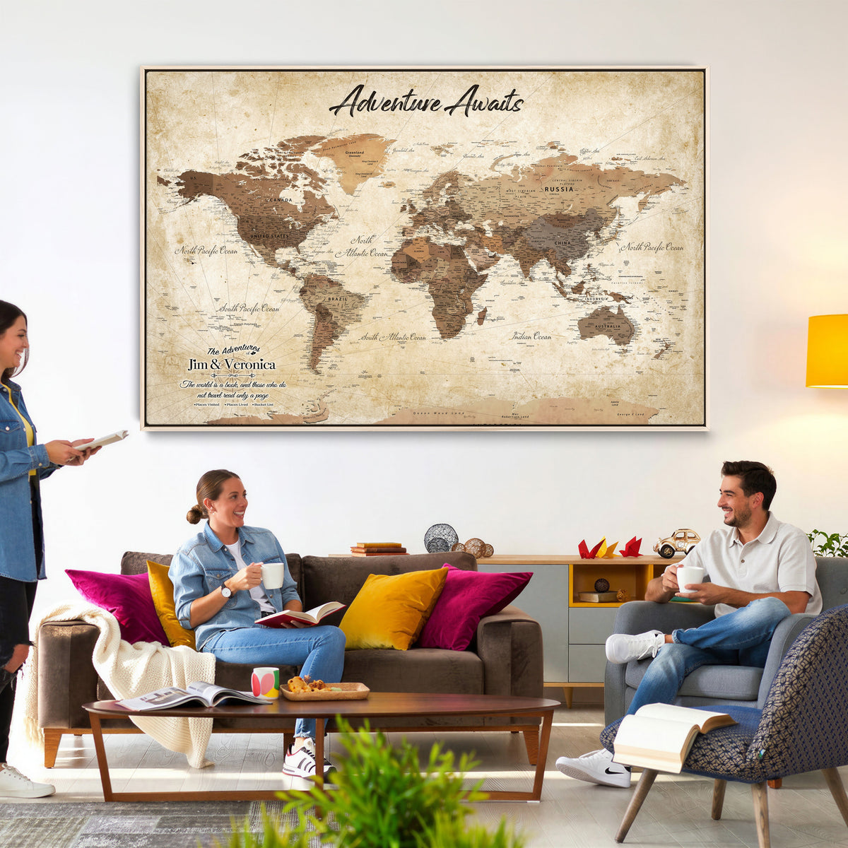 Custom Beige Push Pin World Map Canvas Print, Family Travel Tracker, Family Room and Home Office Decor