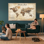 Custom Beige Push Pin World Map Canvas Print, Family Travel Tracker, Family Room and Home Office Decor