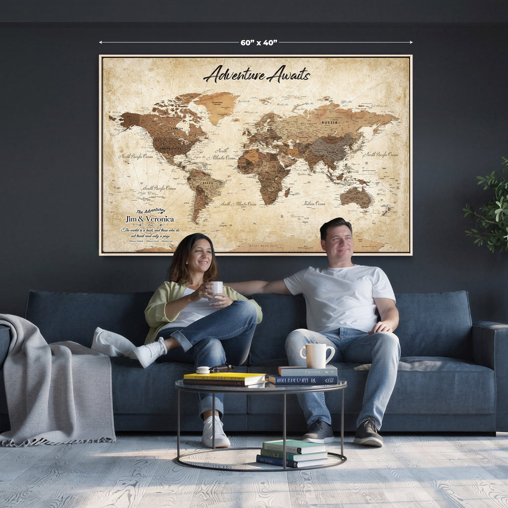 Custom Beige Push Pin World Map Canvas Print, Family Travel Tracker, Family Room and Home Office Decor