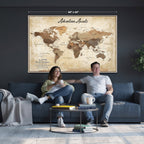Custom Beige Push Pin World Map Canvas Print, Family Travel Tracker, Family Room and Home Office Decor