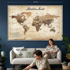 Custom Beige Push Pin World Map Canvas Print, Family Travel Tracker, Family Room and Home Office Decor