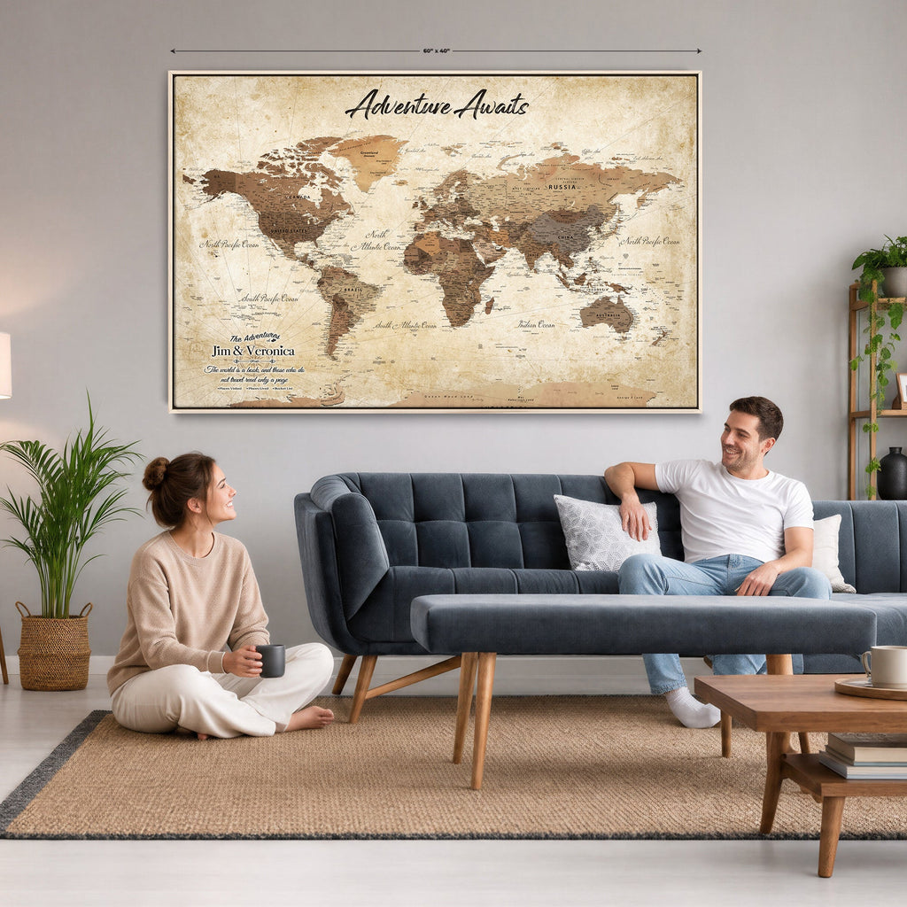 Custom Beige Push Pin World Map Canvas Print, Family Travel Tracker, Family Room and Home Office Decor