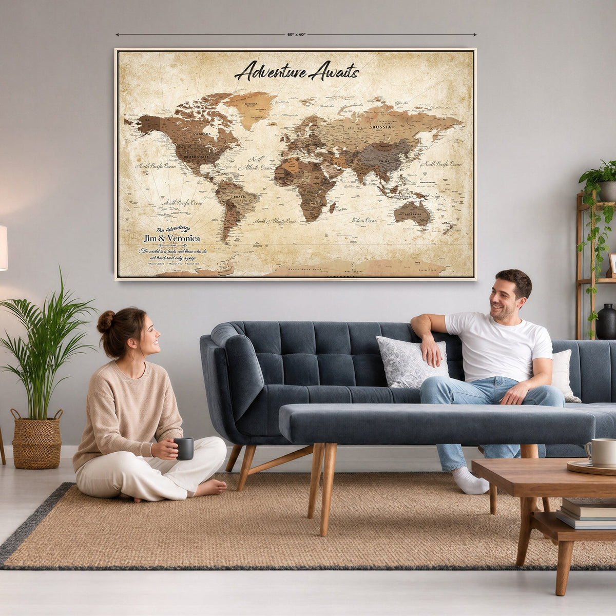 Custom Beige Push Pin World Map Canvas Print, Family Travel Tracker, Family Room and Home Office Decor