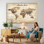 Custom Beige Push Pin World Map Canvas Print, Family Travel Tracker, Family Room and Home Office Decor