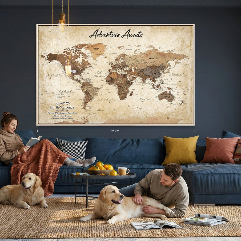 Custom Beige Push Pin World Map Canvas Print, Family Travel Tracker, Family Room and Home Office Decor