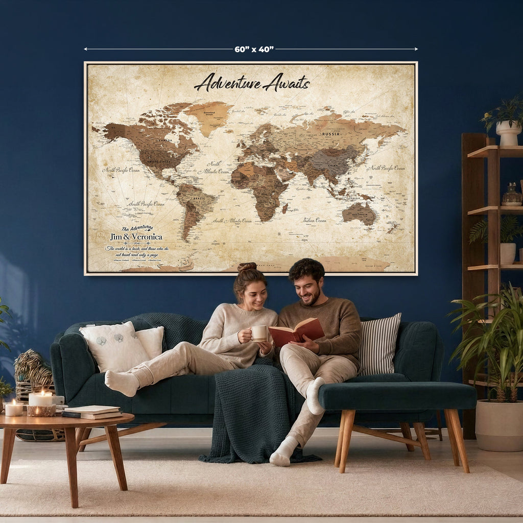 Custom Beige Push Pin World Map Canvas Print, Family Travel Tracker, Family Room and Home Office Decor