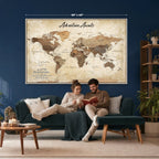 Custom Beige Push Pin World Map Canvas Print, Family Travel Tracker, Family Room and Home Office Decor