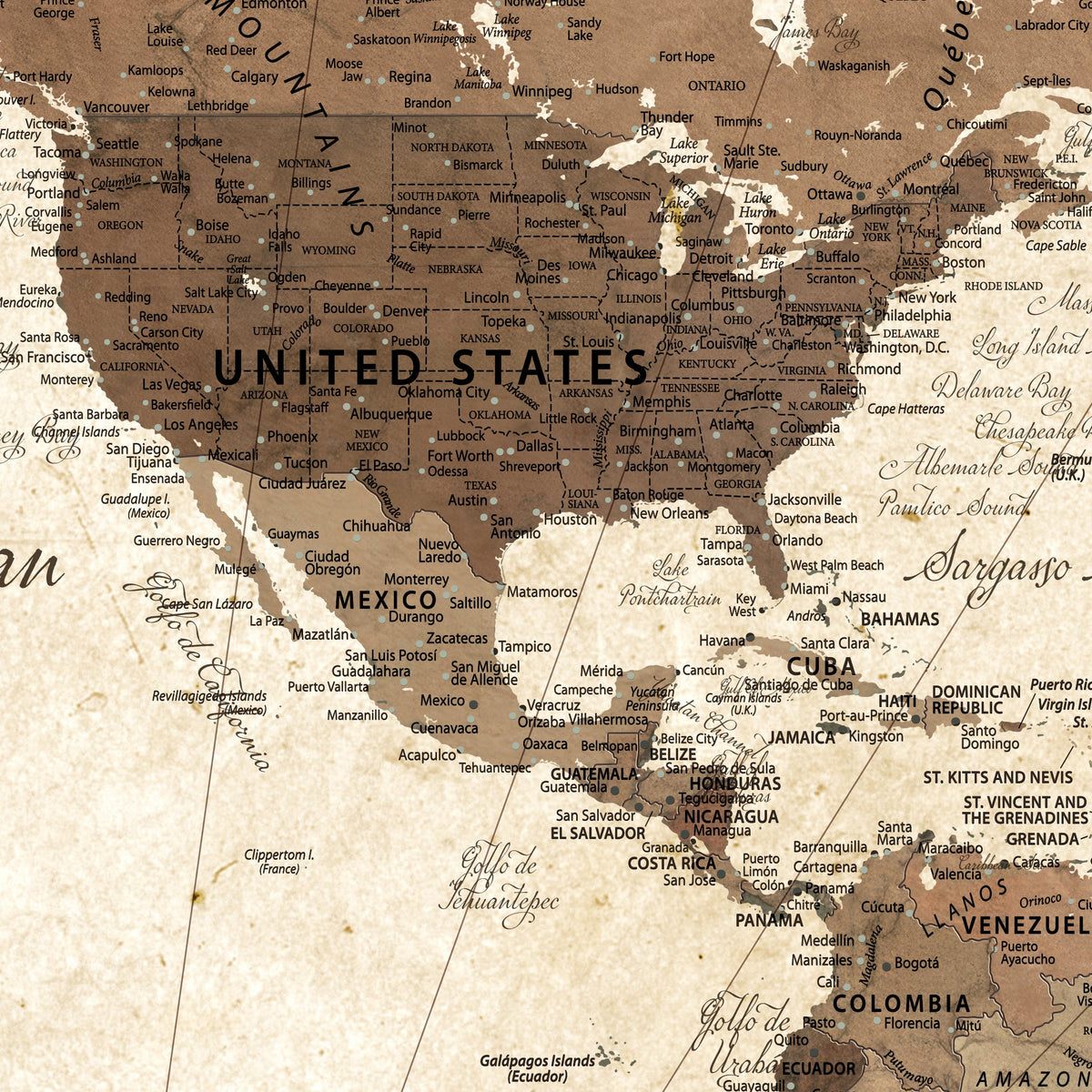 Custom Beige Push Pin World Map Canvas Print, Family Travel Tracker, Family Room and Home Office Decor