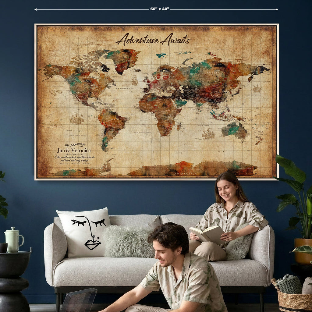 Custom Push Pin Travel Map Canvas Print, Next Trip Planner Map, Home Office and Entryway Decor