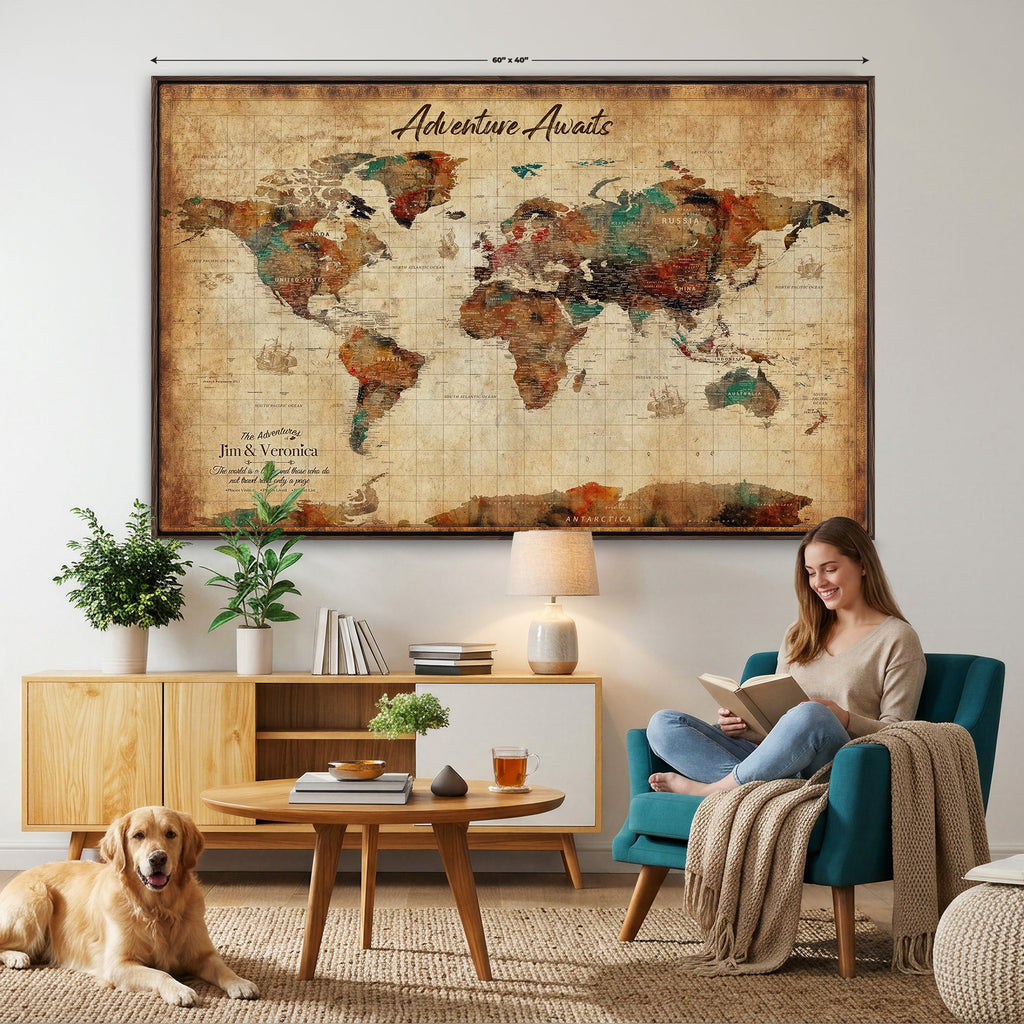 Custom Push Pin Travel Map Canvas Print, Next Trip Planner Map, Home Office and Entryway Decor