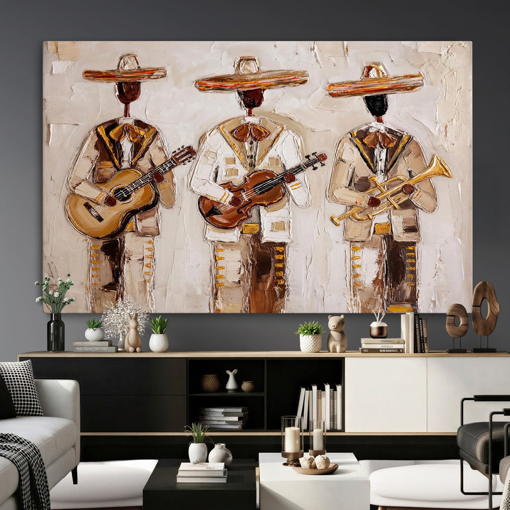Mariachi Band Canvas Wall Art, Mexican Music Guitar Violin Trumpet Print