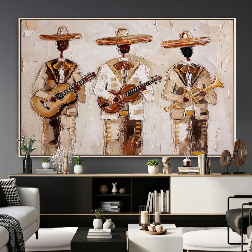 Mariachi Band Canvas Wall Art, Mexican Music Guitar Violin Trumpet Print