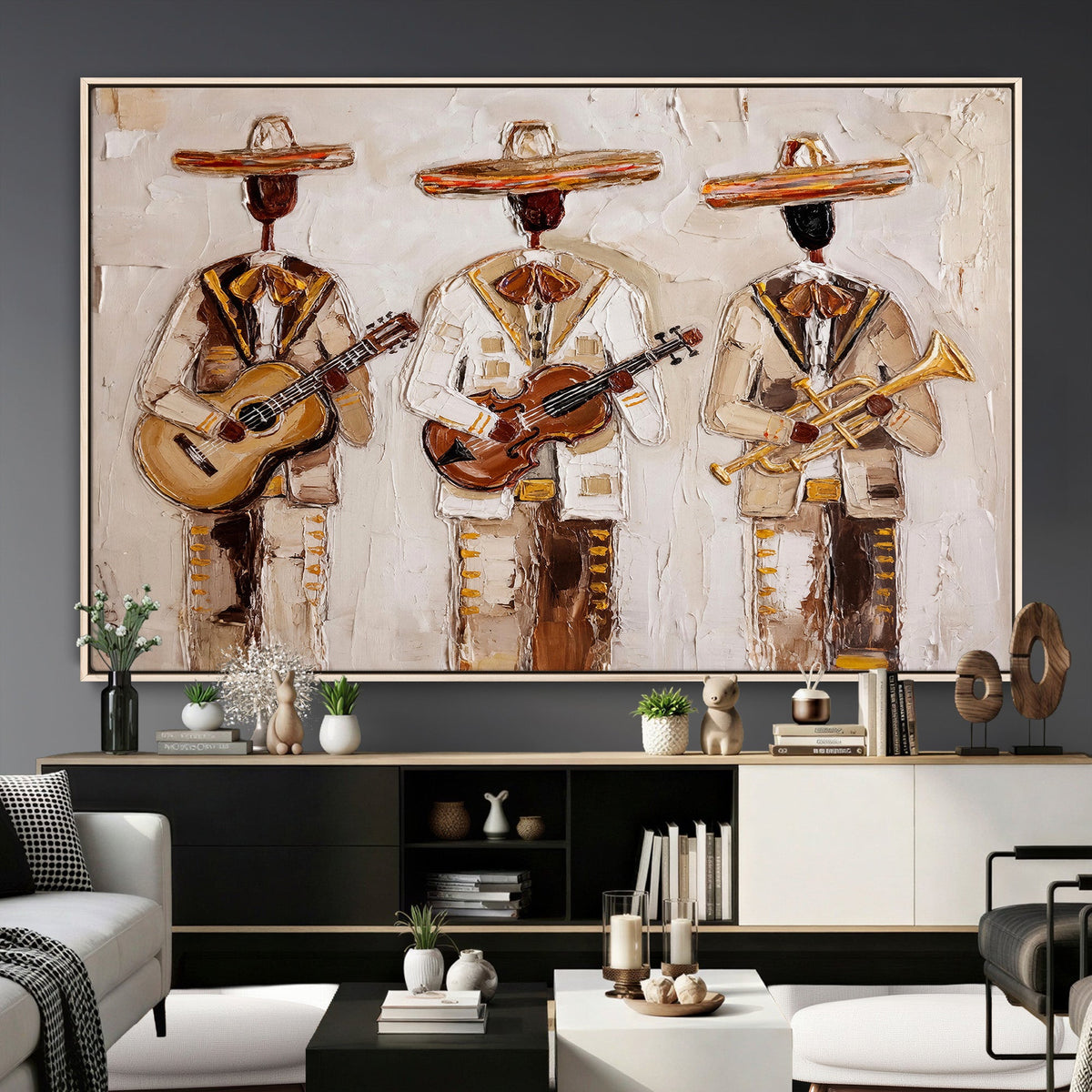Mariachi Band Canvas Wall Art, Mexican Music Guitar Violin Trumpet Print
