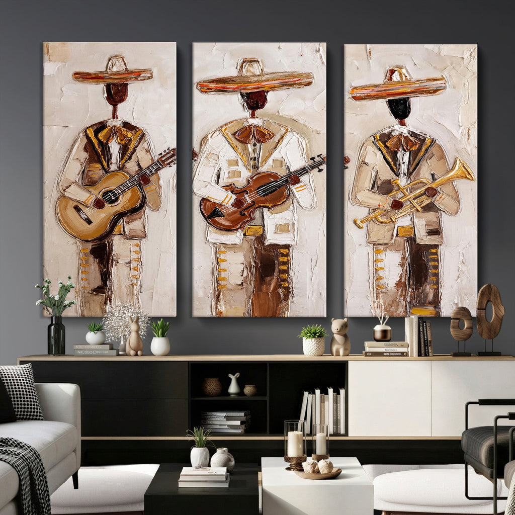 Mariachi Band Canvas Wall Art, Mexican Music Guitar Violin Trumpet Print