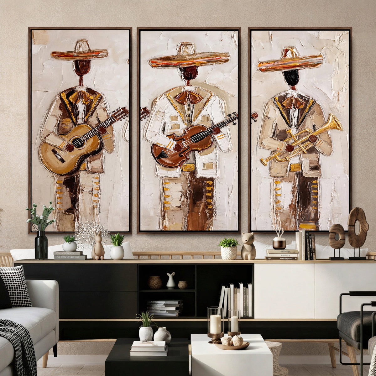 Mariachi Band Canvas Wall Art, Mexican Music Guitar Violin Trumpet Print