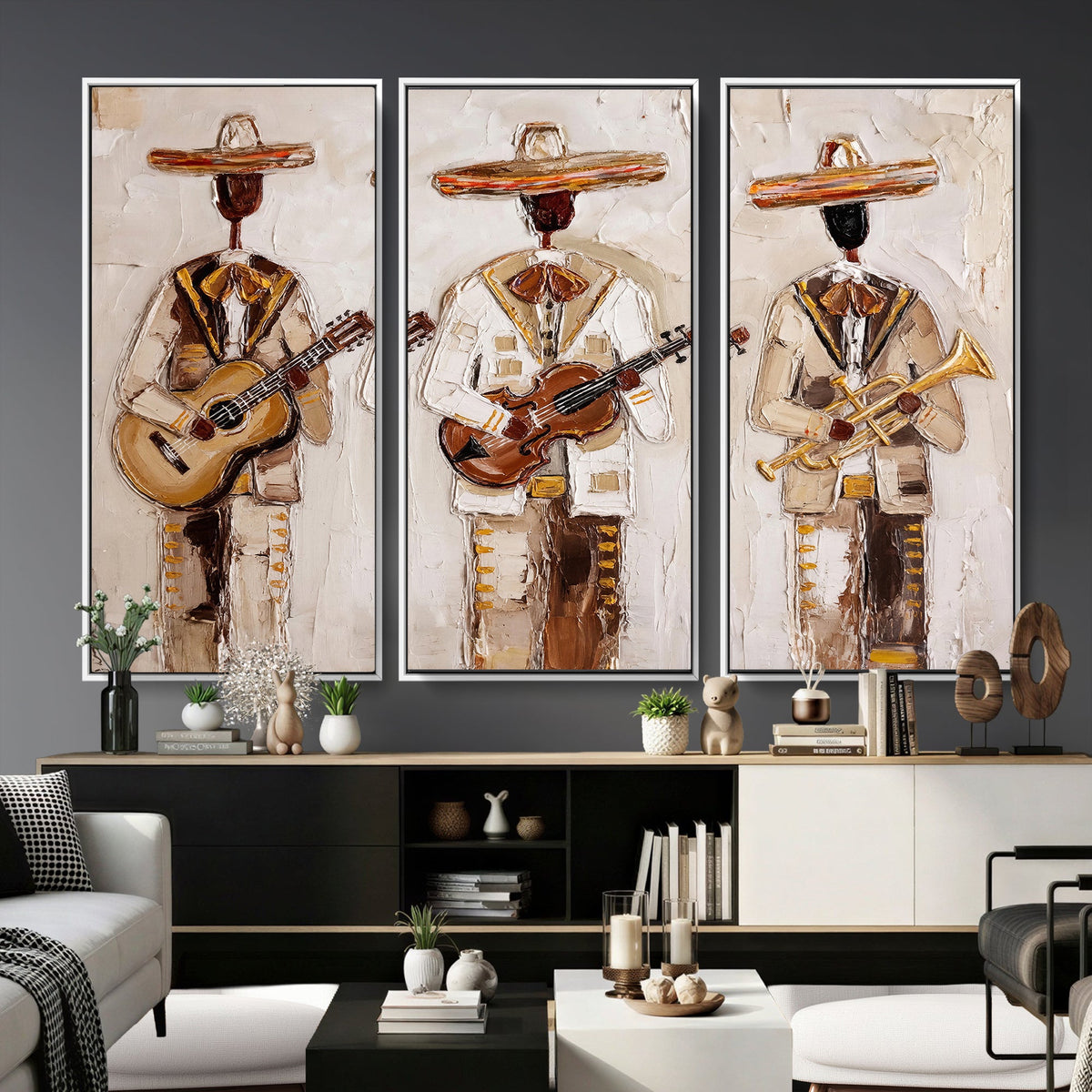 Mariachi Band Canvas Wall Art, Mexican Music Guitar Violin Trumpet Print