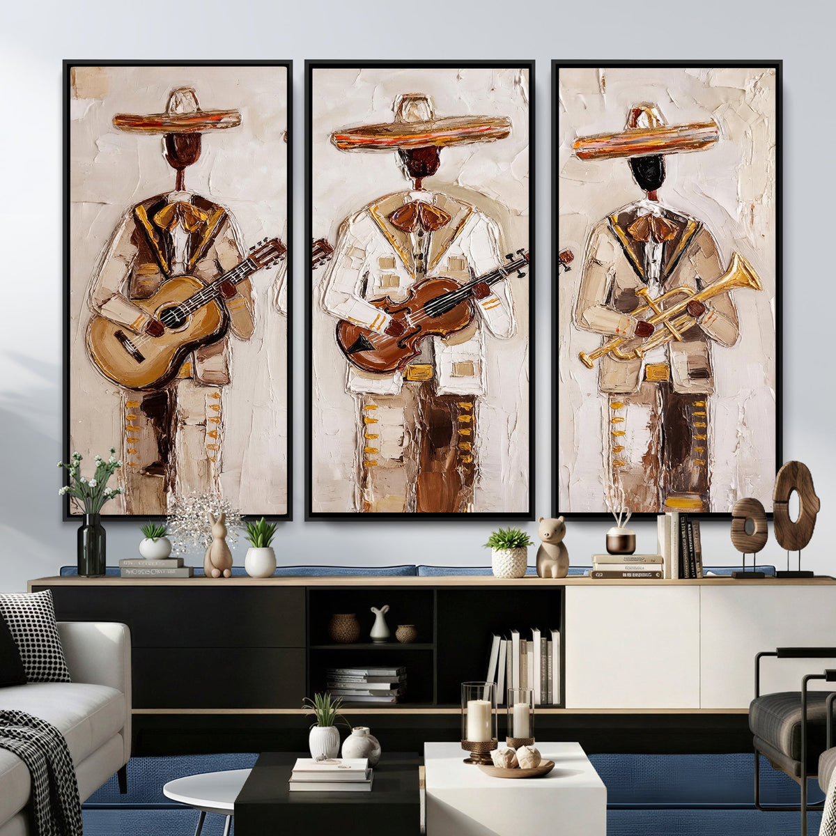 Mariachi Band Canvas Wall Art, Mexican Music Guitar Violin Trumpet Print