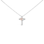 14K Rose Gold Plated Sterling Silver 1/10 Cttw Diamond Cross & Heart Pendant Necklace