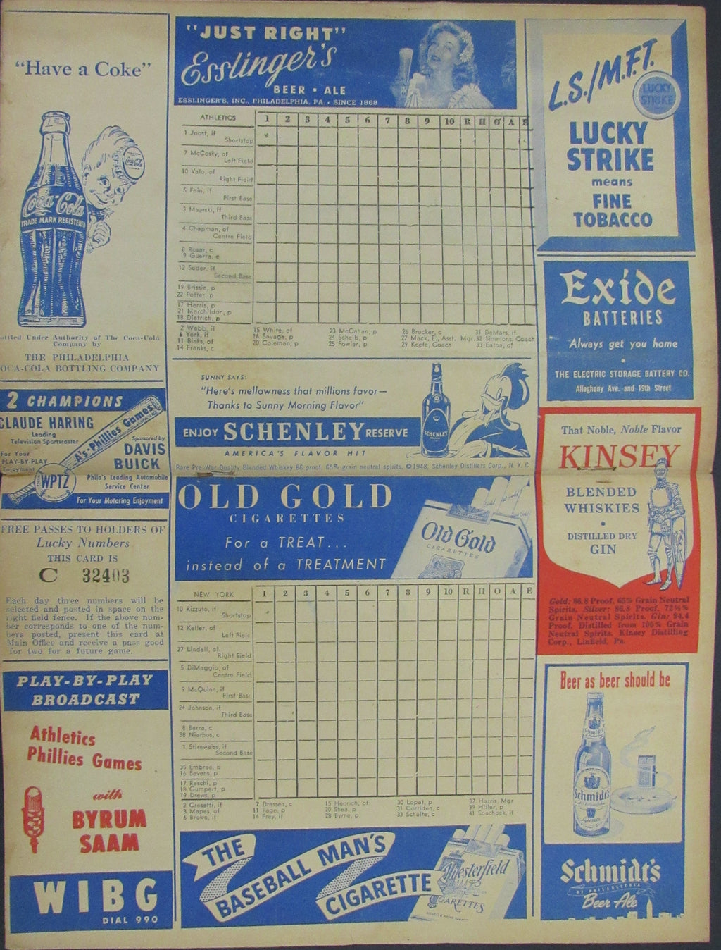 1948 Philadelphia Athletics vs New York Yankees Score Card Program Unscored  178270