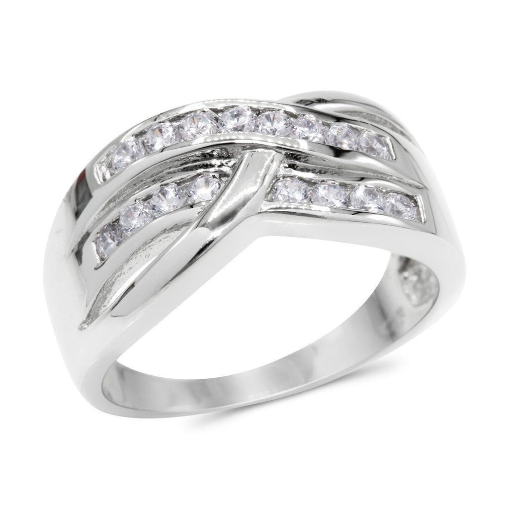 CZ Accent Stones Sterling Silver Plated Crossover Halo Engagement Ring