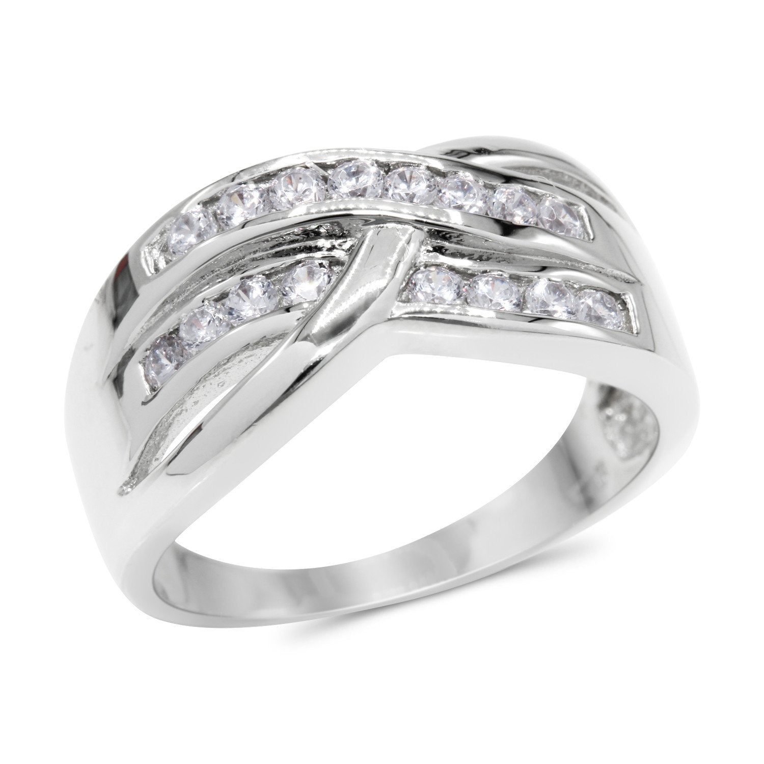 CZ Accent Stones Sterling Silver Plated Crossover Halo Engagement Ring