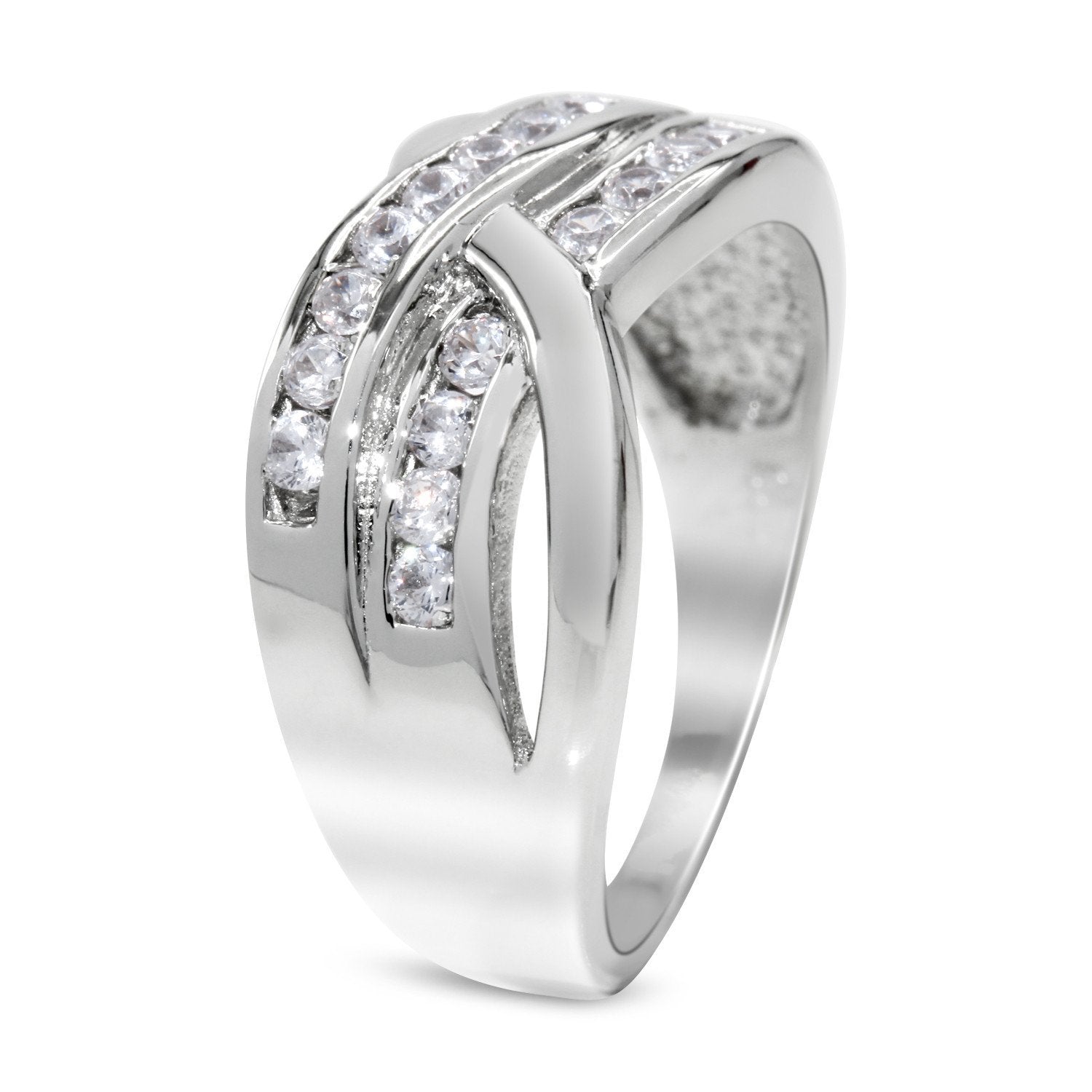 CZ Accent Stones Sterling Silver Plated Crossover Halo Engagement Ring