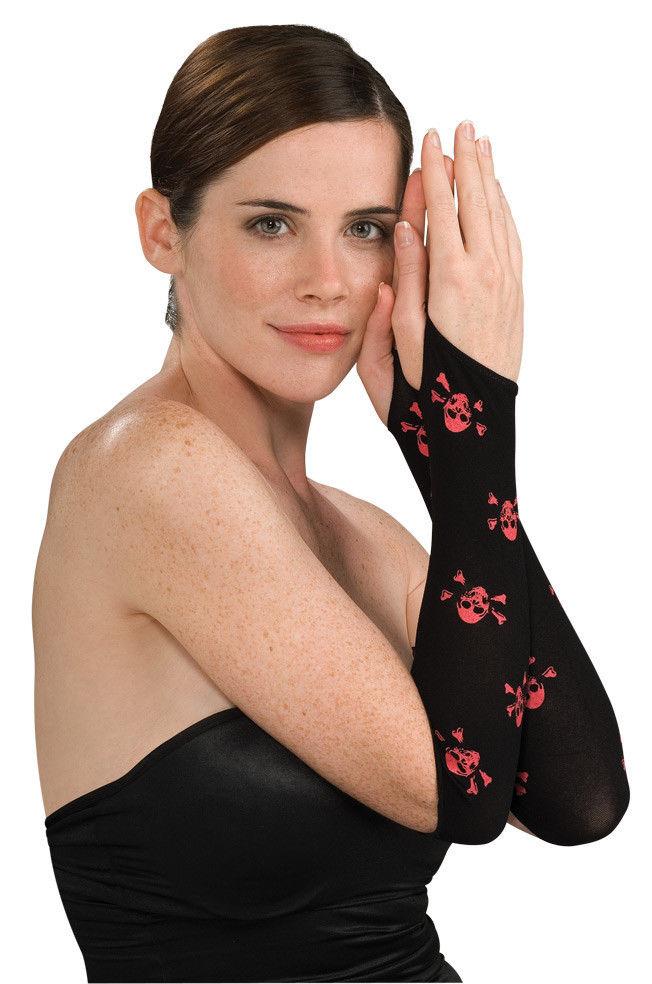 Women's Black and Red Skull Cross Bones Fingerless Arm Warmer Gloves