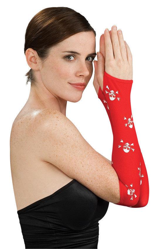 Women's Red with White Skull Cross Bones Fingerless Arm Warmer Gloves