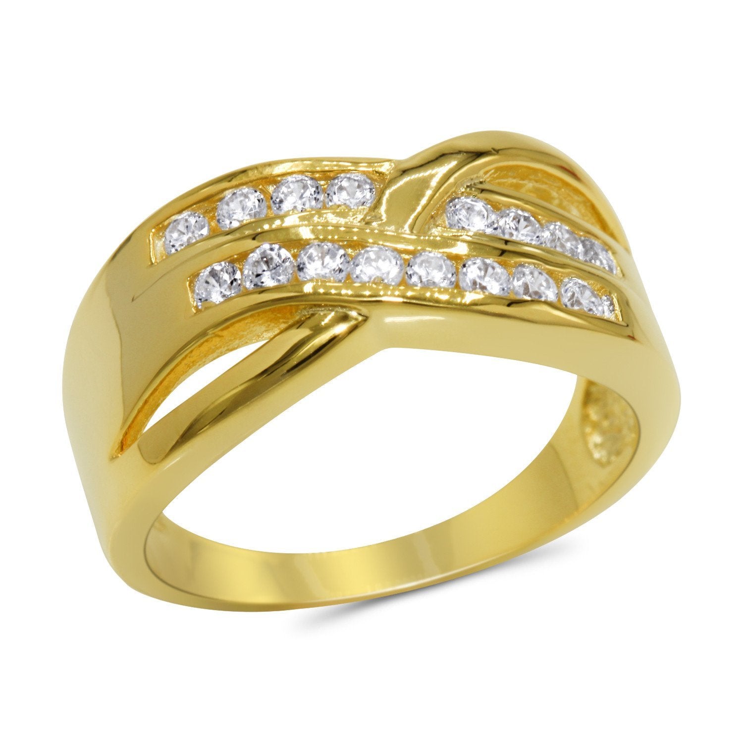 CZ Accent Stones Sterling Silver Gold Plated Crossover Halo Engagement Ring