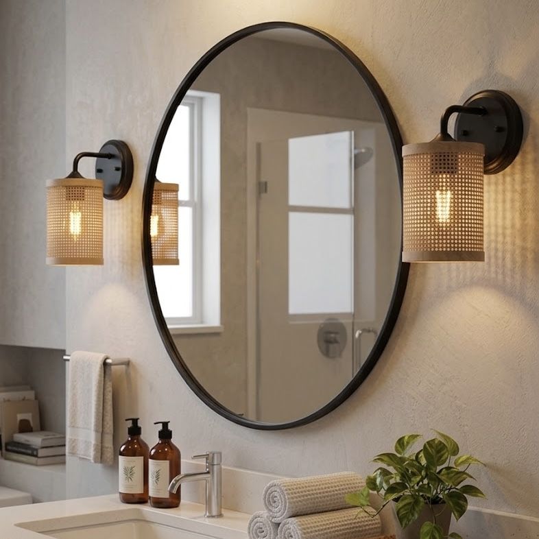 Reef - Single Lights Wall Sconce With Natural Shade Rustic - Black / Rattan