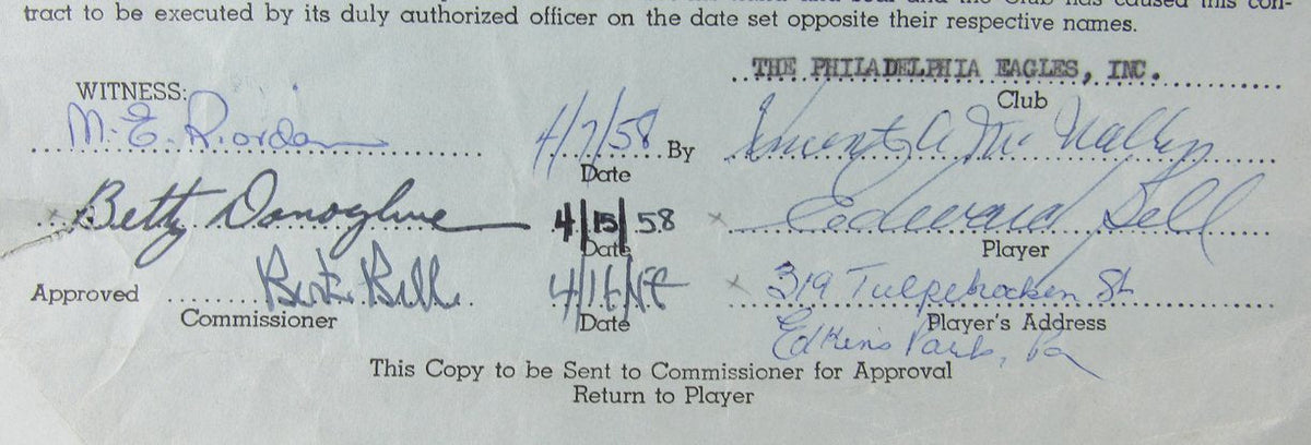 Bert Bell Philadelphia Eagles Signed/Autographed 1958 Contract JSA 160875