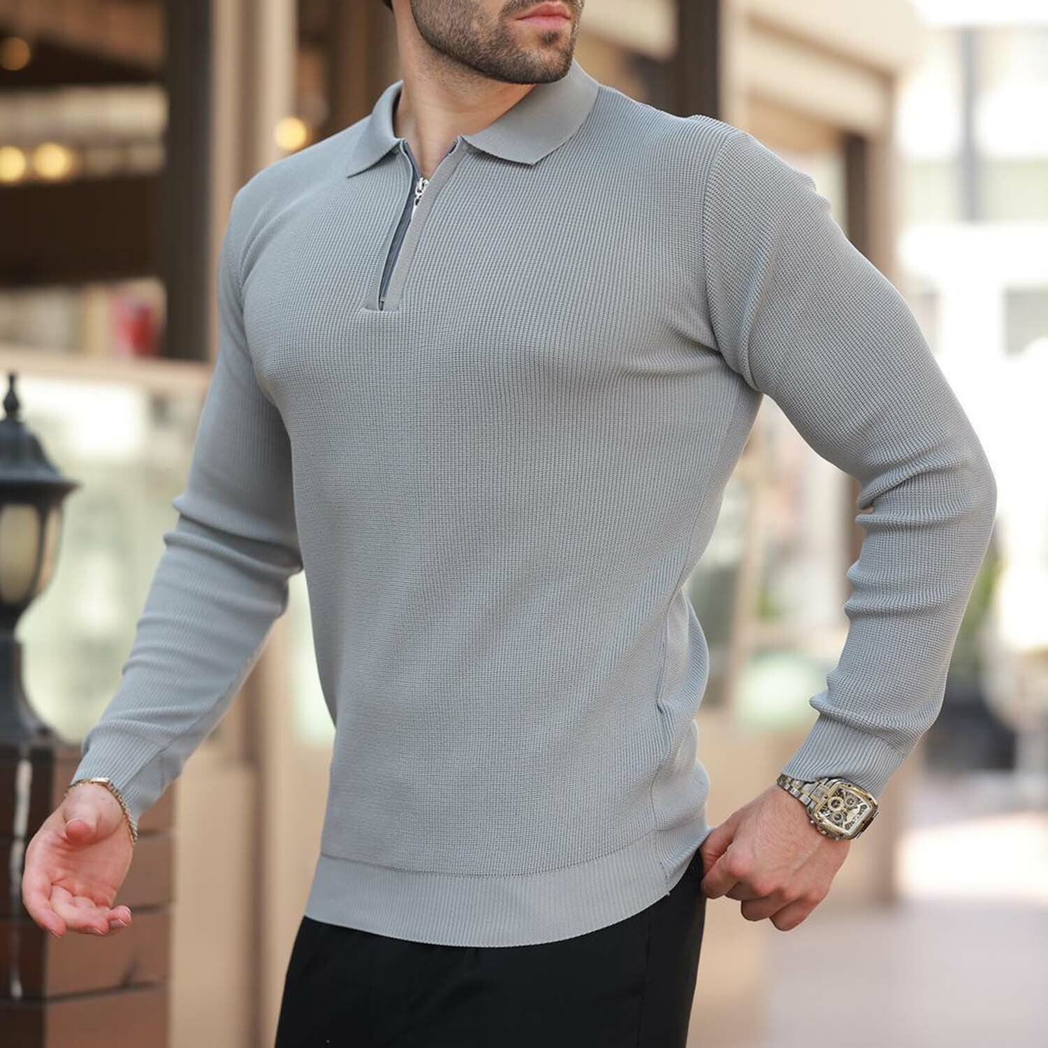 Quarter-Zip Small Rib Knit Polo Sweater // Gray