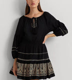 LAUREN Ralph Lauren Embroidered Cotton Voile Dress Black/Tan