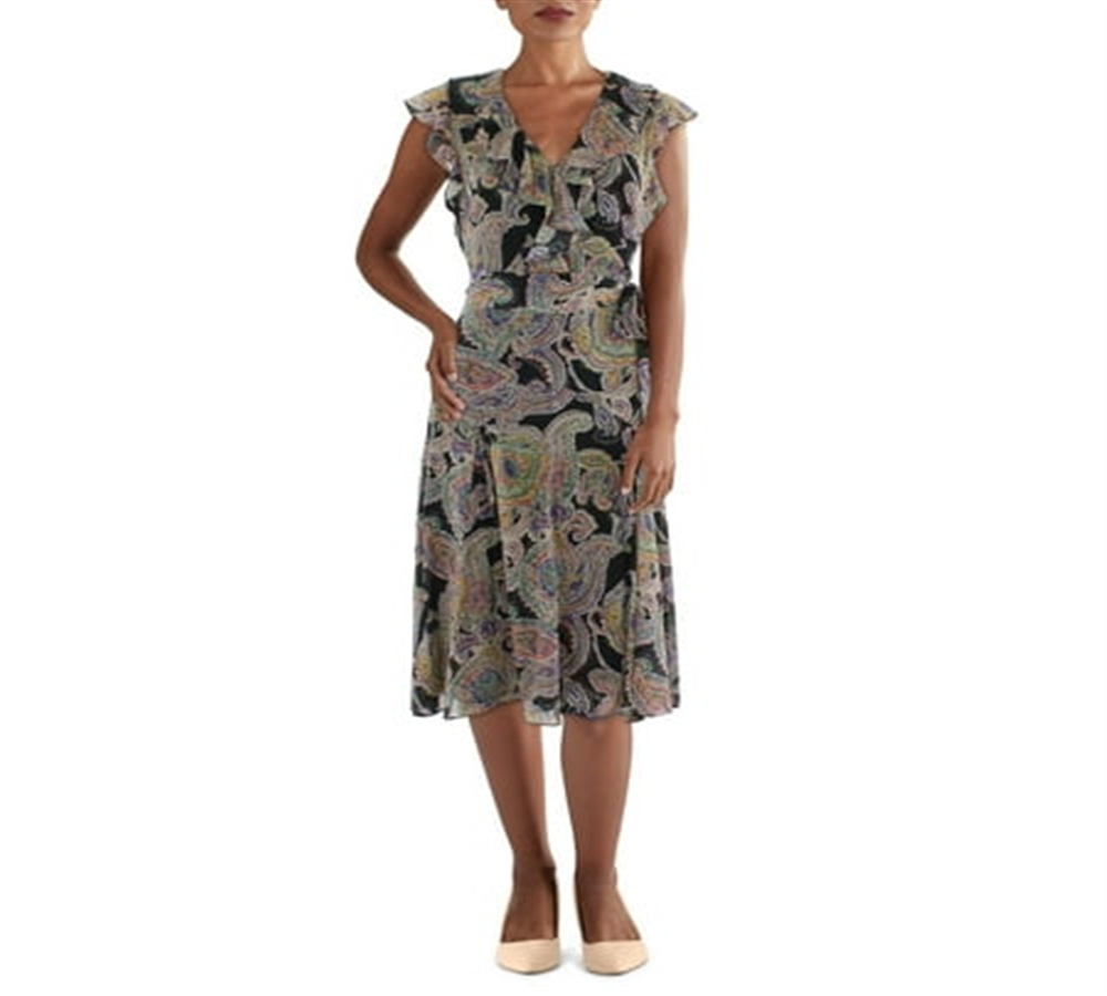 Lauren Ralph Lauren Womens Ruffled V Neck Midi Dress Black