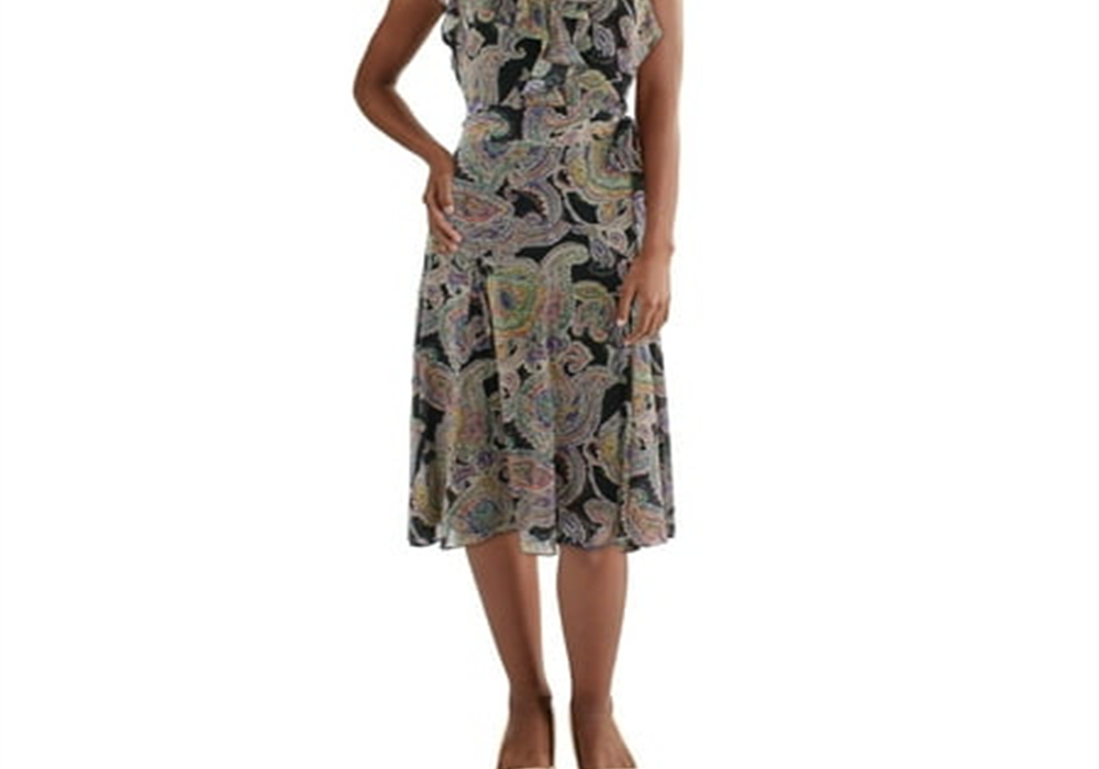 Lauren Ralph Lauren Womens Ruffled V Neck Midi Dress Black