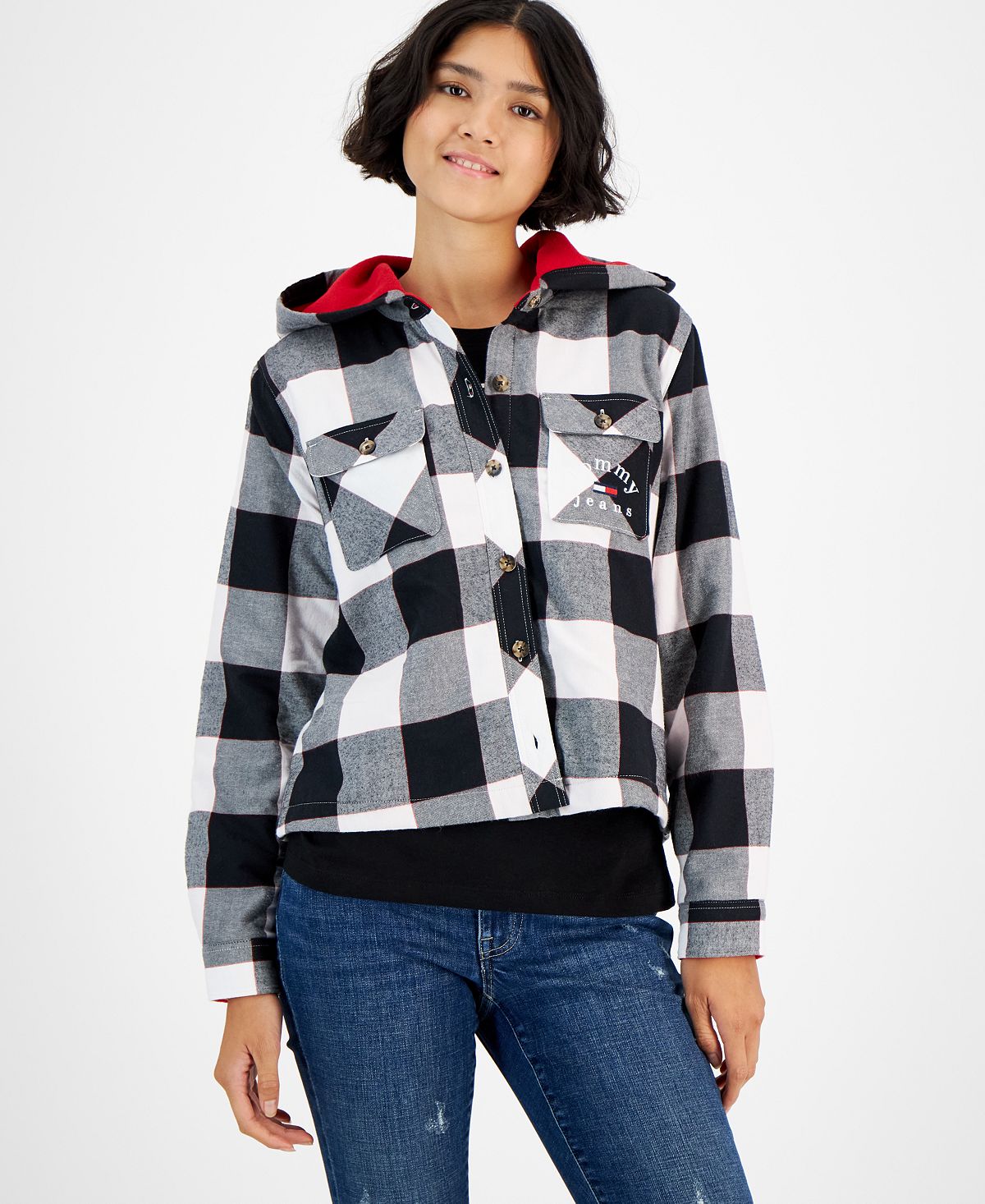 Tommy Jeans Women's Plaid Fleece Lined Hooded Shirt Jacket White Size Small