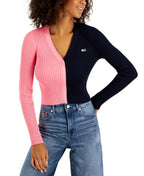 Tommy Women's V Neck Pullover Colorblock Sweater Pink Size Large