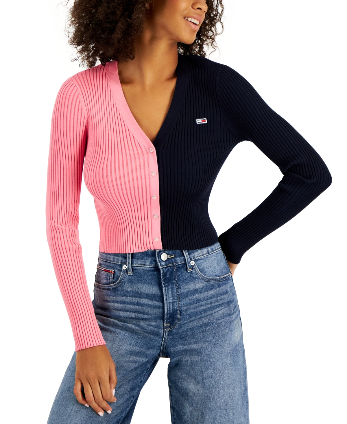 Tommy Women's V Neck Pullover Colorblock Sweater Pink Size Large